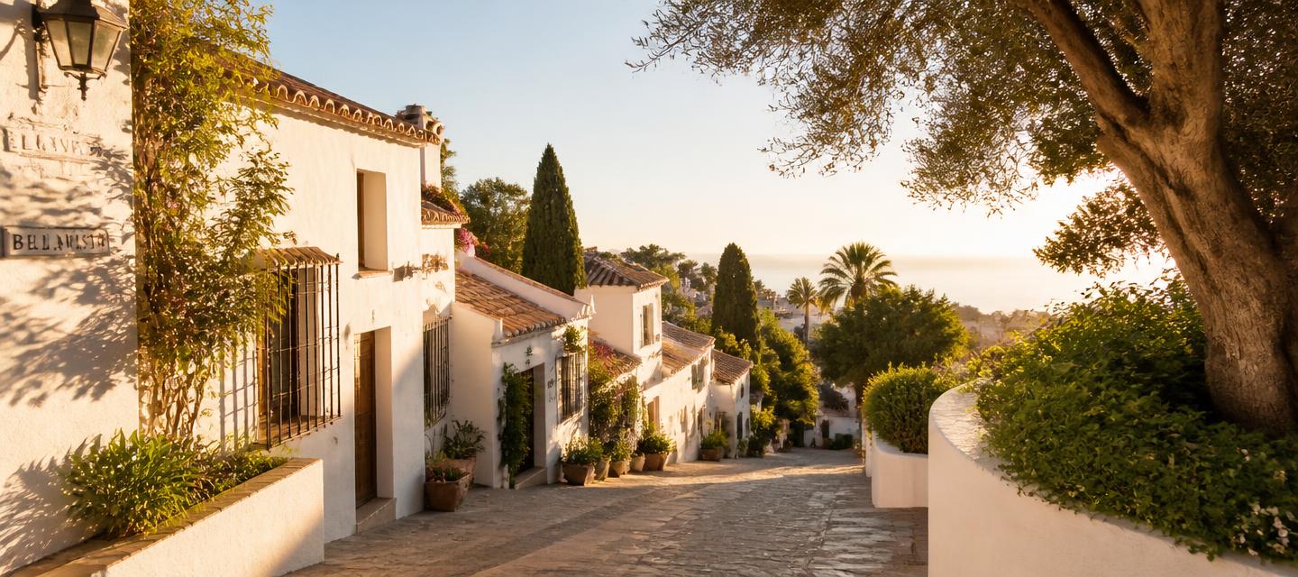 Calle mediterránea soleada con casas encaladas y tejados de teja